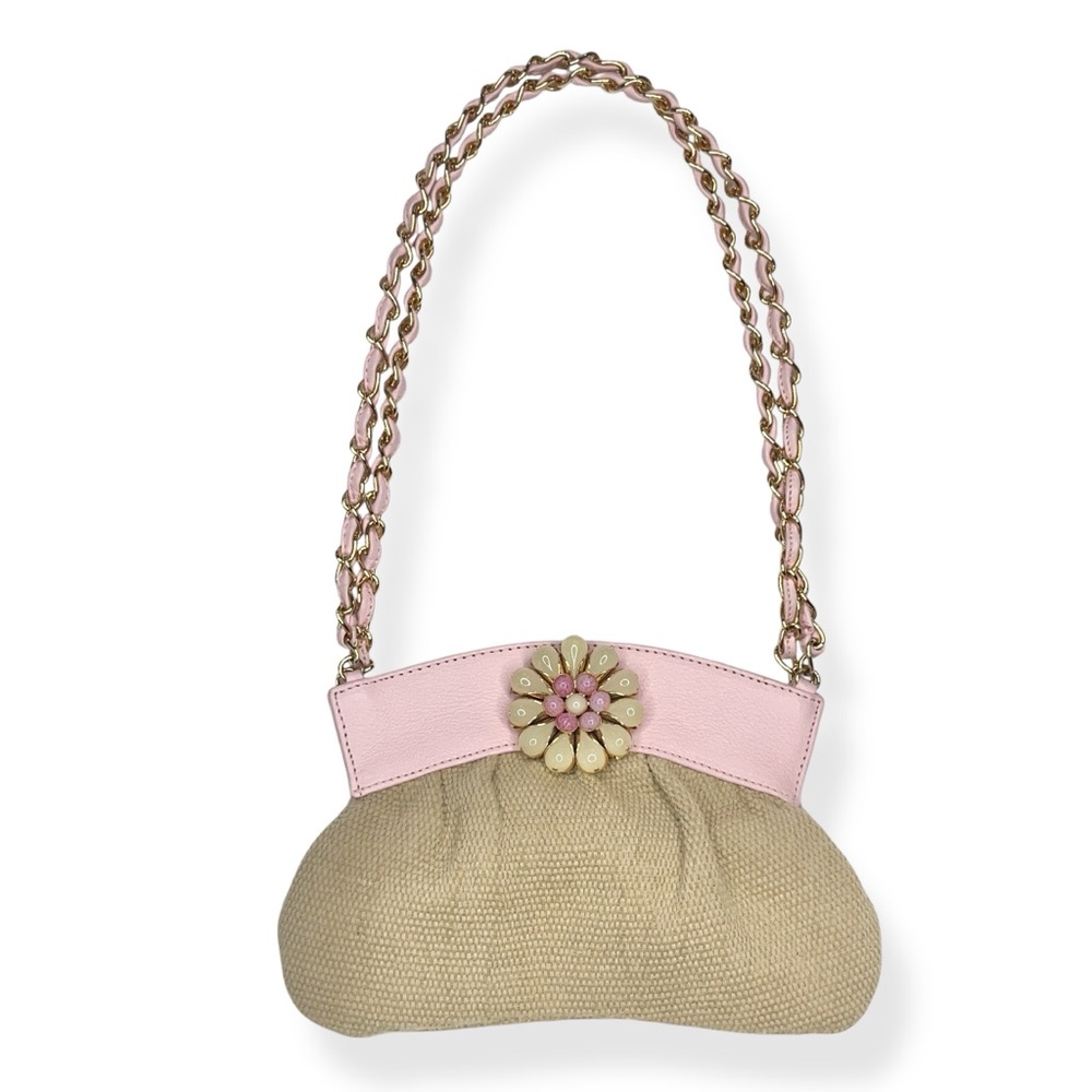 90s Emanuel Ungaro Vintage Pink Leather Woven Chain Embellished Mini Handbag